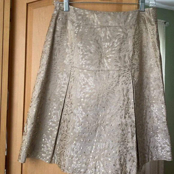 ❇️Ann Taylor pleated taupe/beige silk skirt with gold sequins and thread accents - Picture 4 of 9